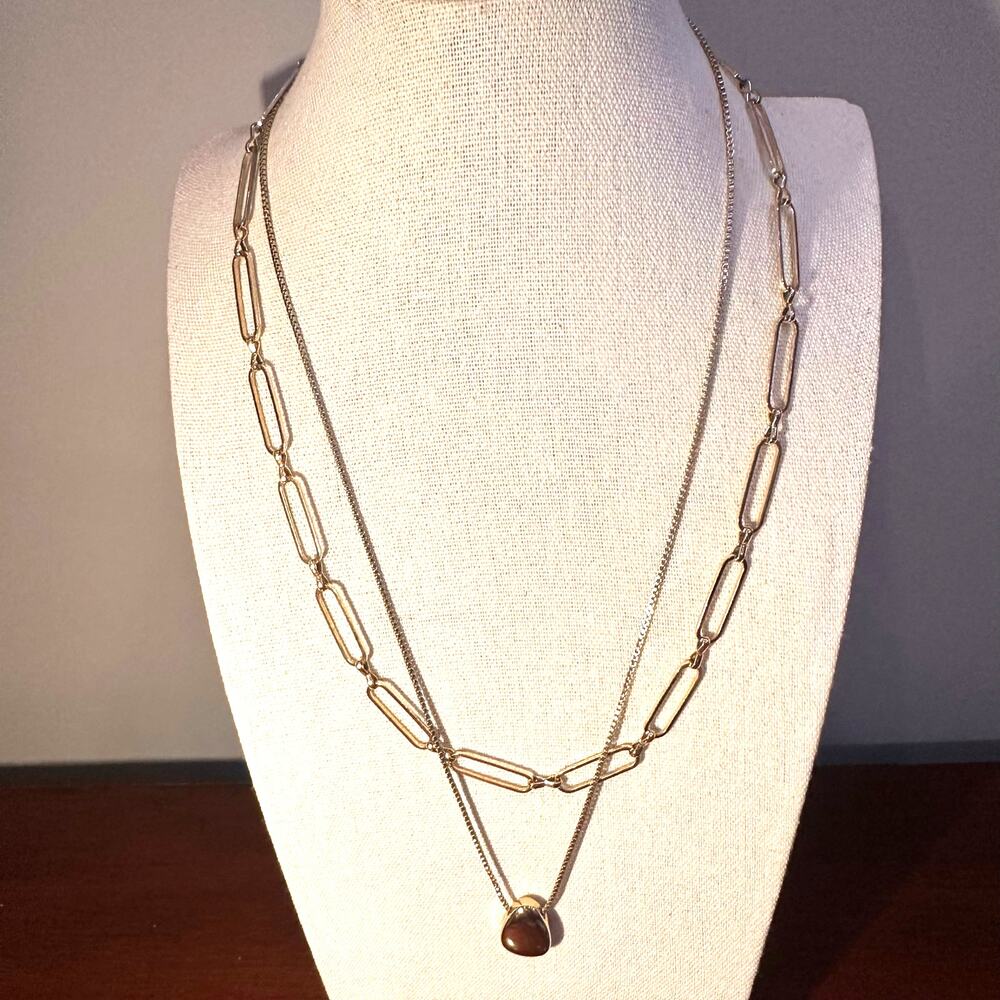 Layered Double Chain Necklace Paperclip box chain Teardrop Pendant Jewelry